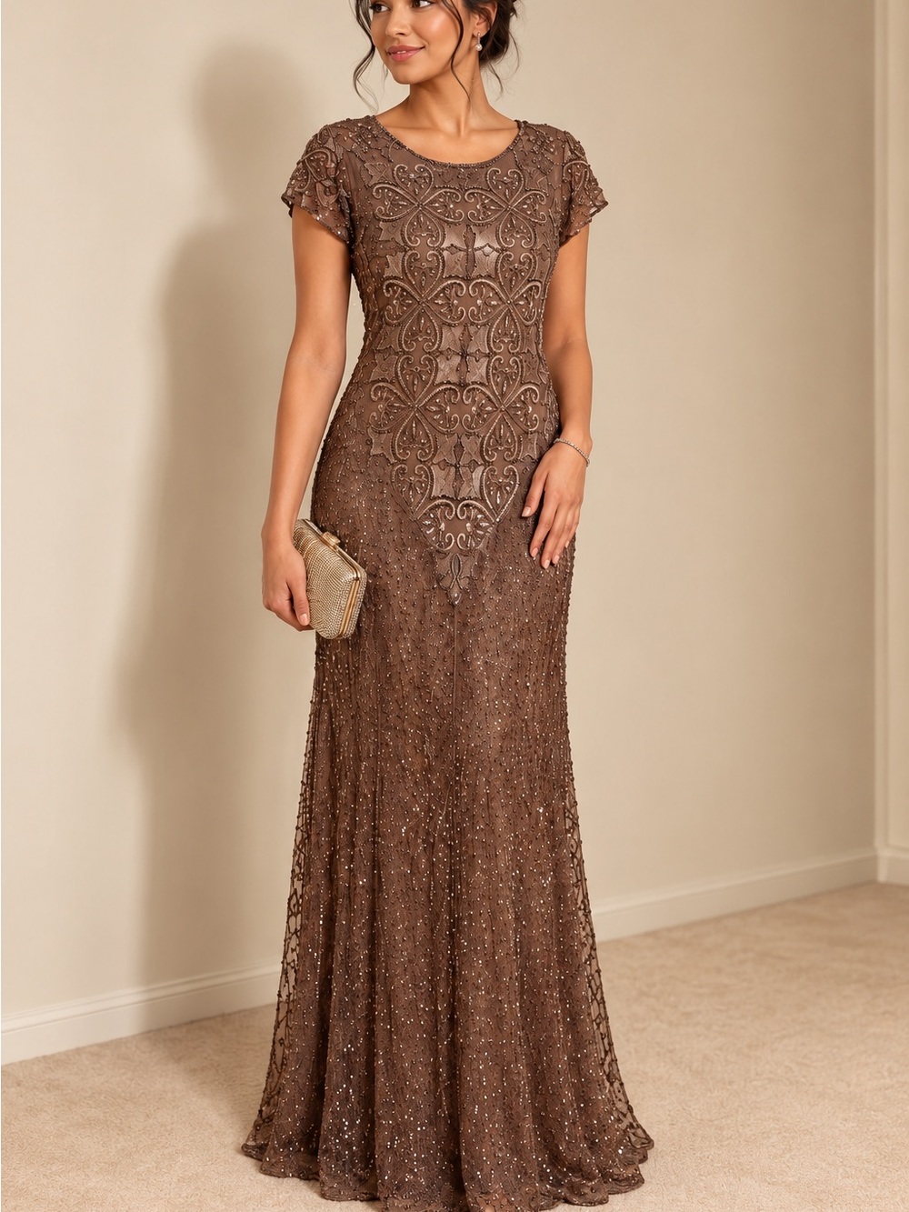Brown Beaded Embellished Maxi Evening Gown Formal Wedding Guest Dress 
✨ - Picture 4 of 4